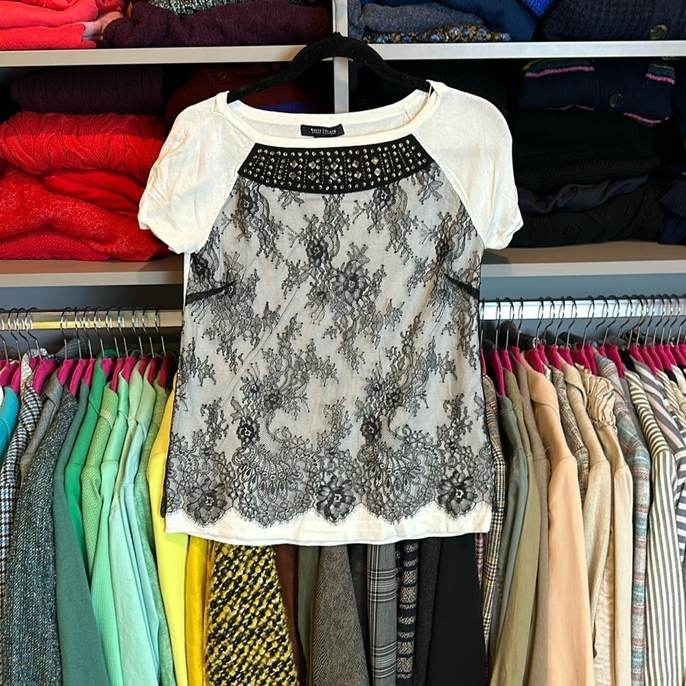 WHBM white with black lace and studs short sleeve scoop sweater top size XS